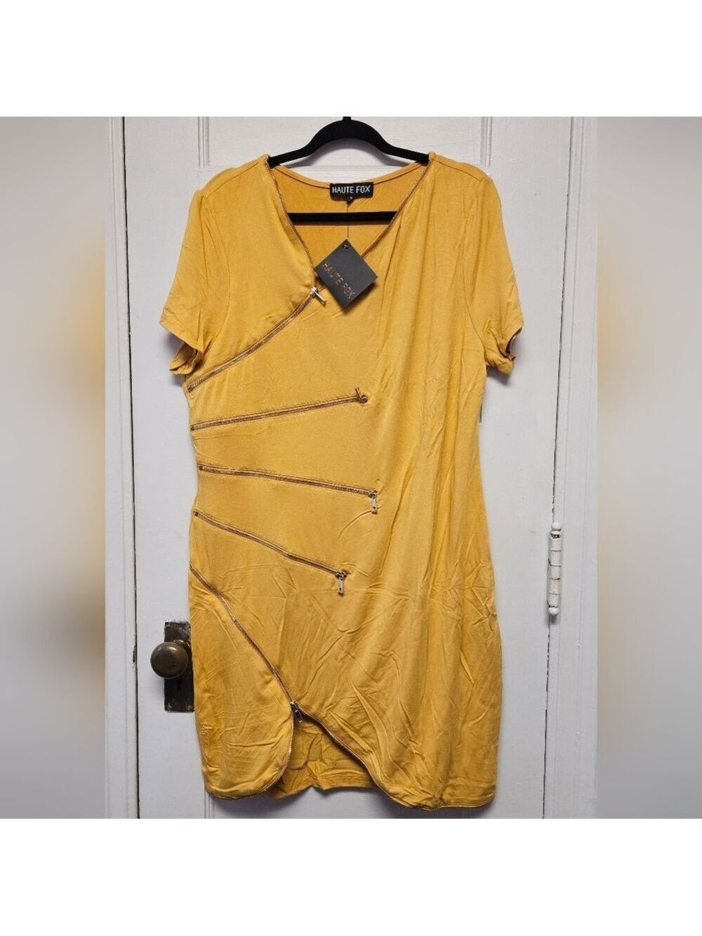 Bodycon Mustard Asymmetrical Zipper Dress Plus Sizes - Picture 4 of 6